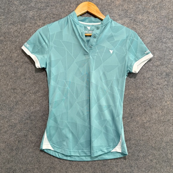 Macade Golf Polo Shirt Womens Small Geometric Teal Bomber Performance Button Tee - Picture 1 of 10